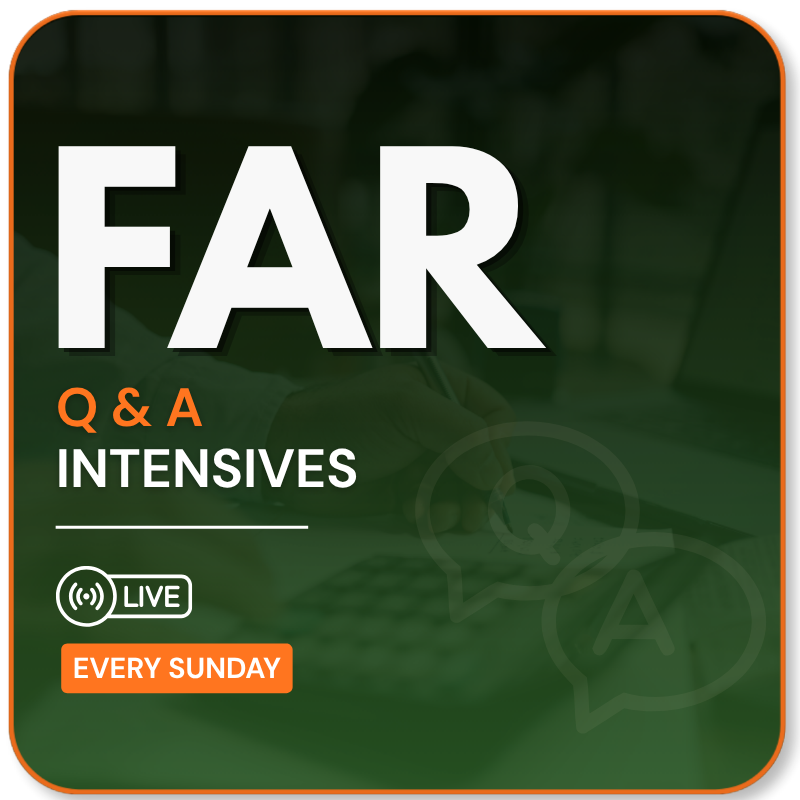 Promotional graphic for FAR Q & A Intensives, featuring large white 'FAR' text, orange and white subtitle text, a 'LIVE' badge, and 'EVERY SUNDAY' on a dark green background with an orange border.